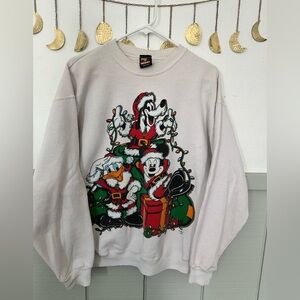 Vintage Disney White Crewneck Sweater with Festive Characters